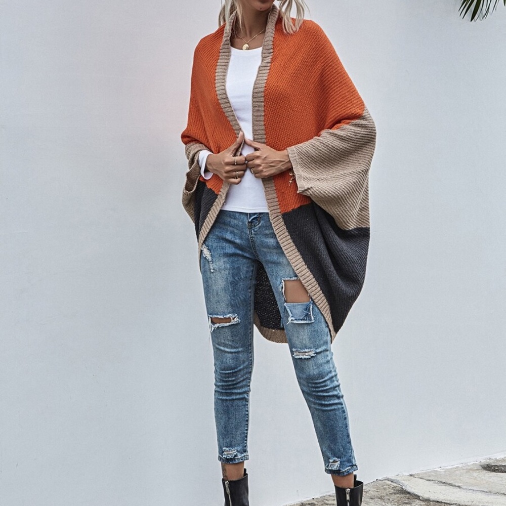 color block knit batwing cardigan oversized orange - Picture 2 of 5